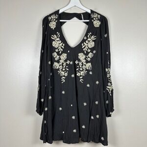 Free People Womens M Mini Dress Black Embroidered Boho Open Back V-Neck L Sleeve